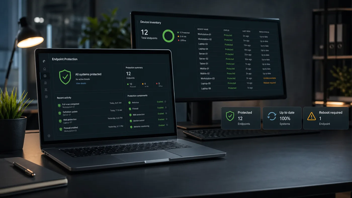 Endpoint security dashboard monitoring protected laptops, servers, and workstations