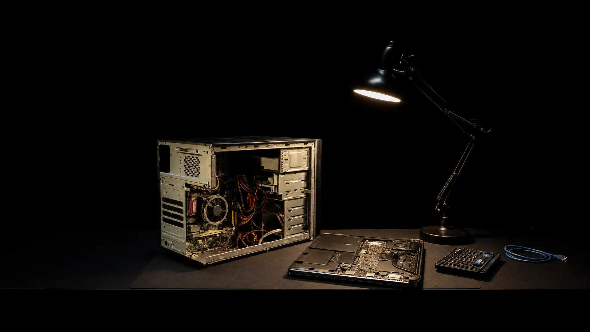 An open desktop tower and a laptop with its bottom cover off on a dark workbench, lit by a single articulated lamp.