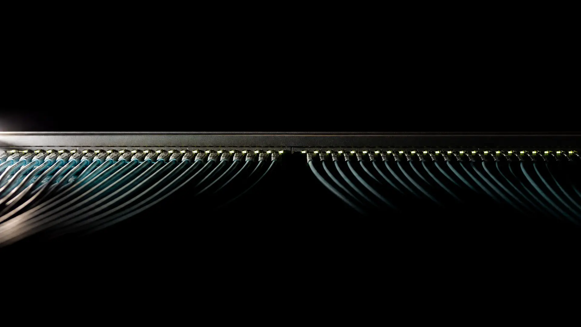 A rack-mounted patch panel, port LEDs lit in a row, dressed cables sweeping down from every port.