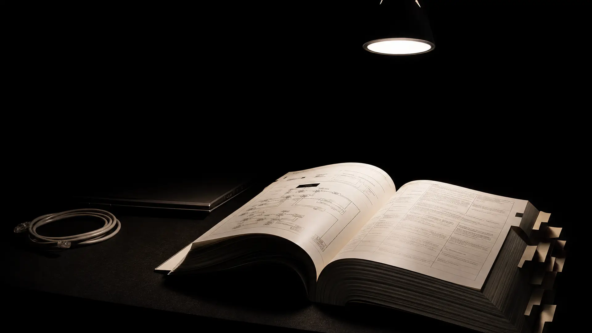 A printed network runbook lying open under a single lamp, a topology diagram on one page and a change table on the other.