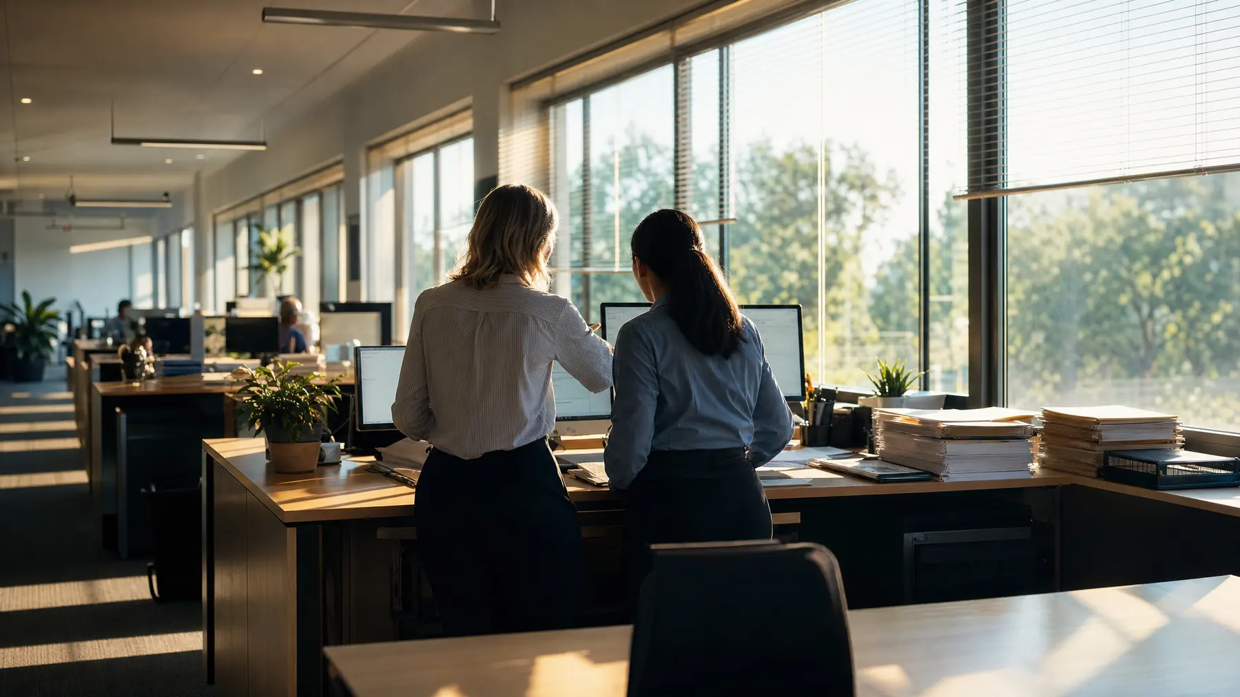 Two colleagues at a desk together in a small accounting practice, morning light across the room.