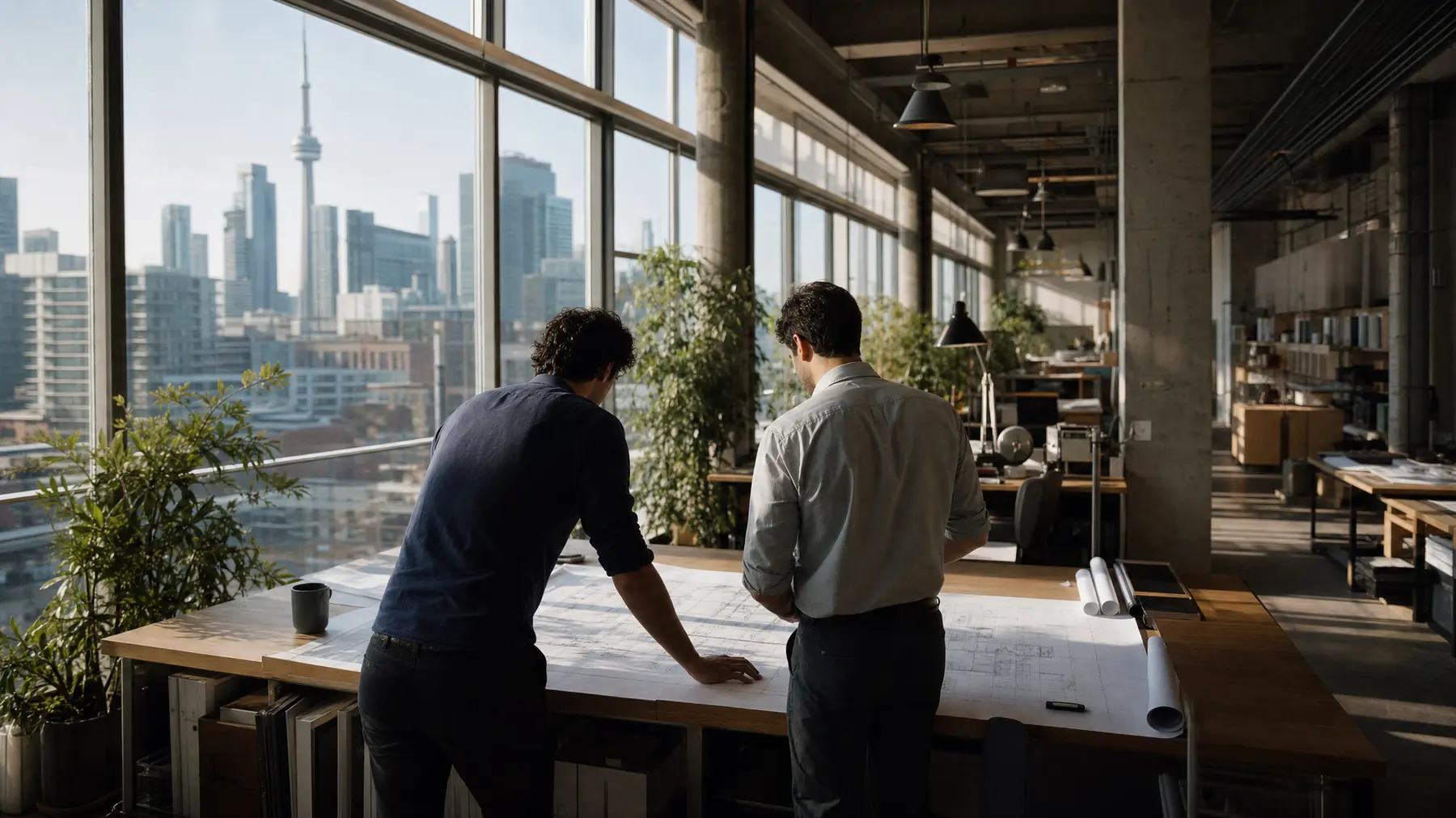 Two engineers at a wide table with a drawing spread out, daylight through a tall window wall.