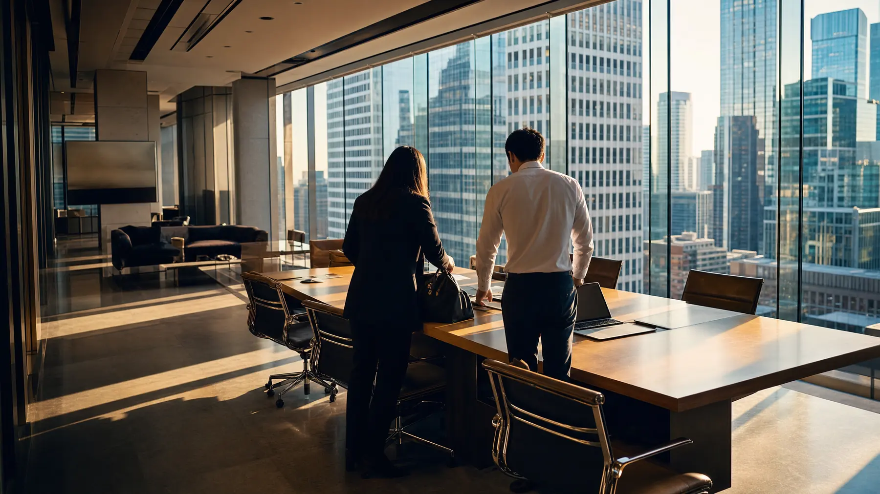 Two colleagues starting the day at a table in a high-floor Toronto law office, morning light across the room.