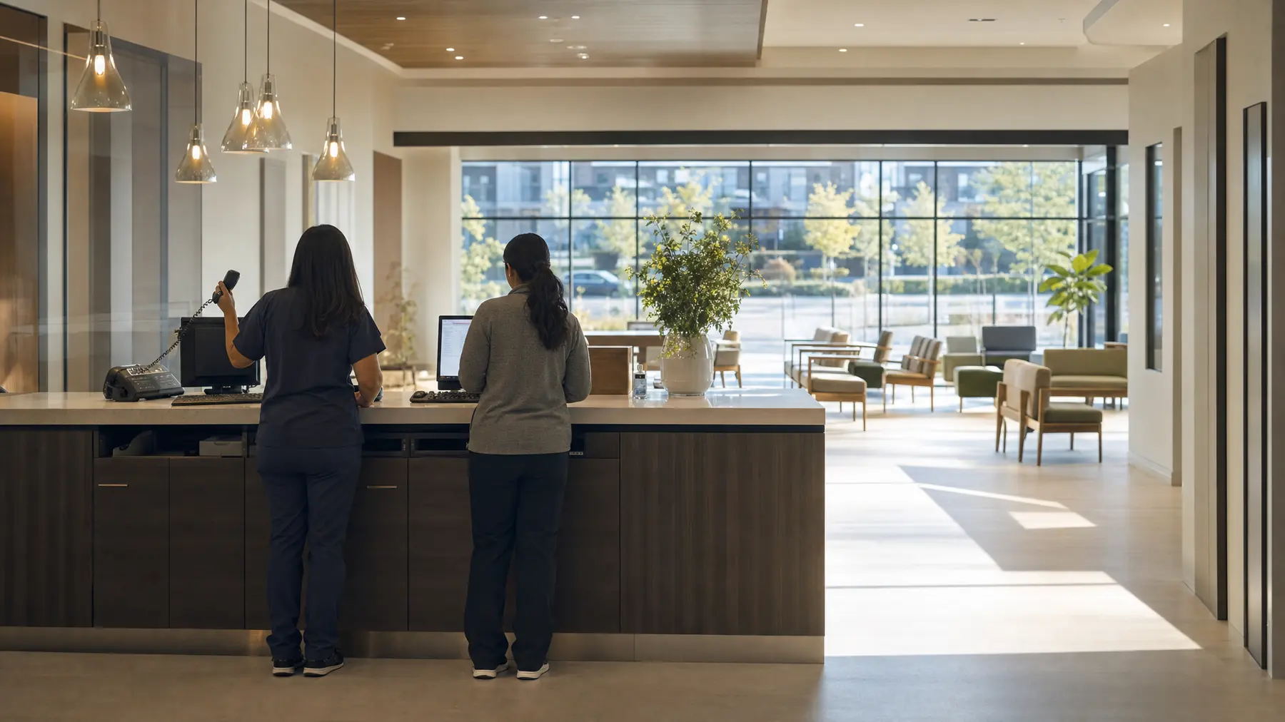 Two clinic staff at the reception desk as the doors open, daylight through the front glass.