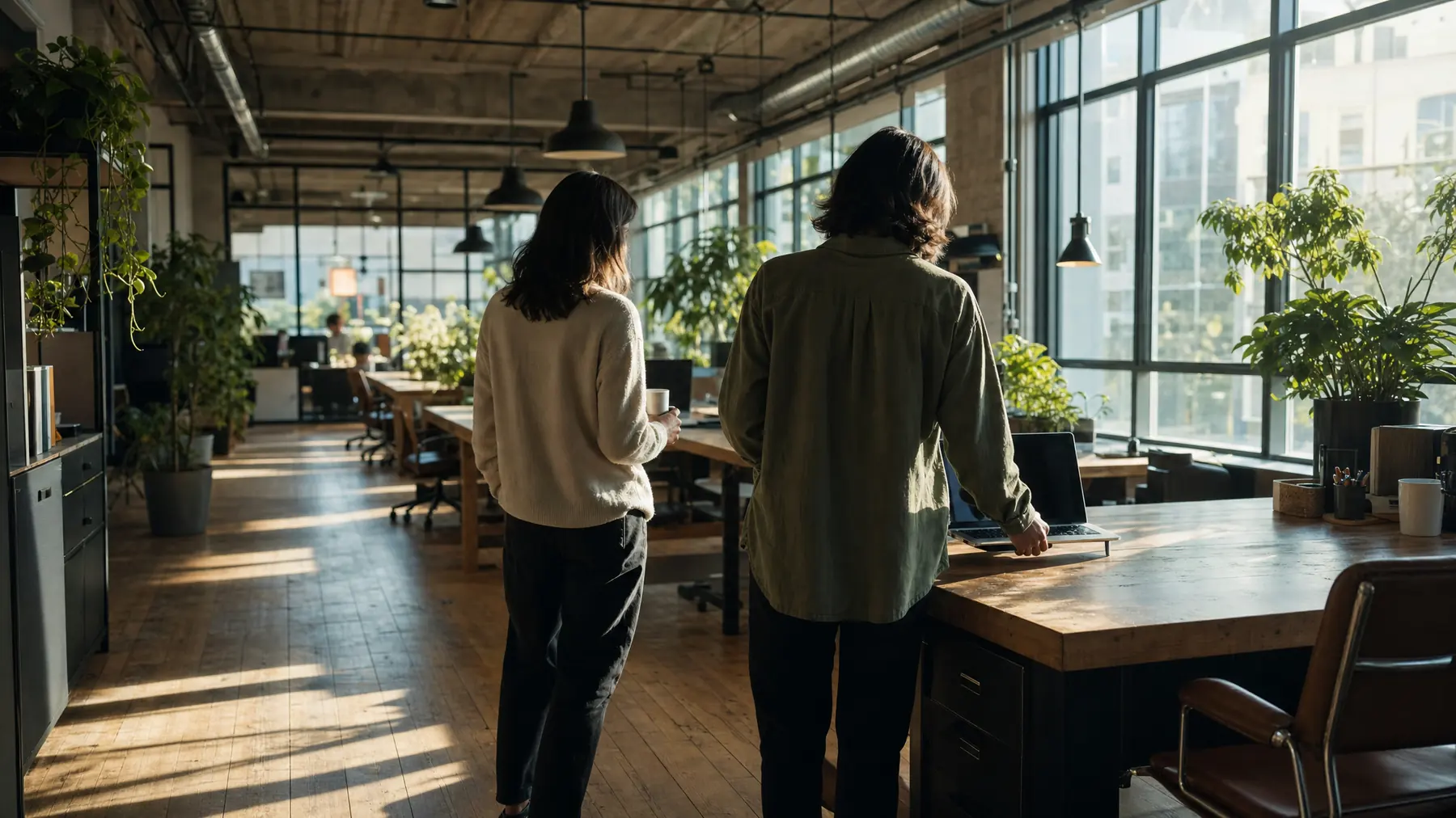 Two colleagues starting the day in a bright open-plan office, morning sun through the window wall.